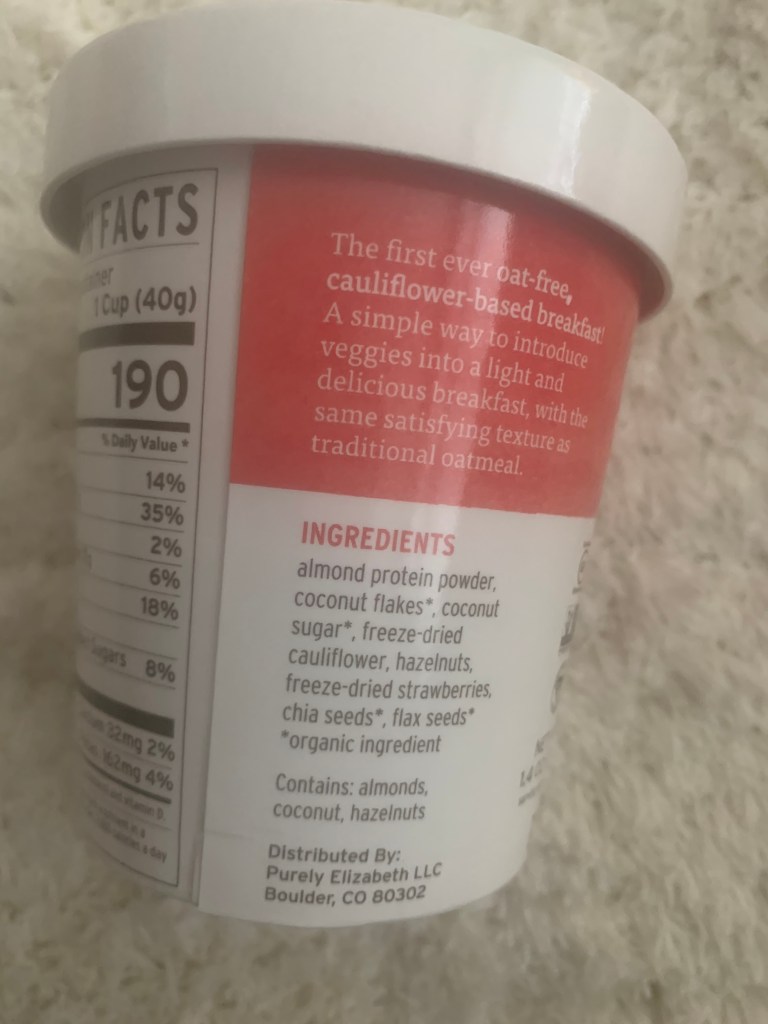 The ingredient list of the Cauli Hot Cereal