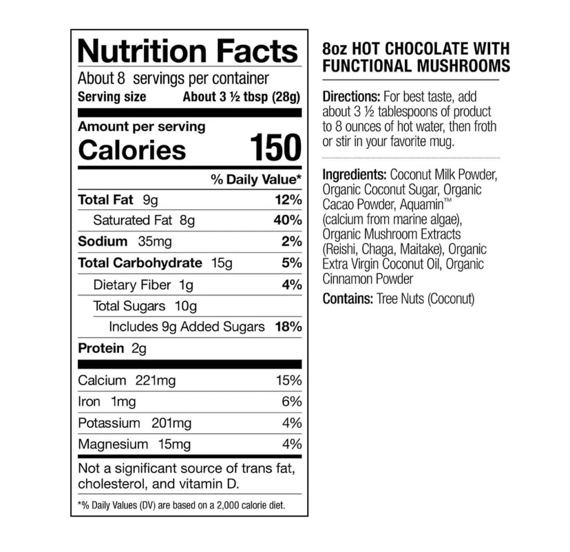 The ingredients and nutritional profile of Laird Superfood Hot Chocolate