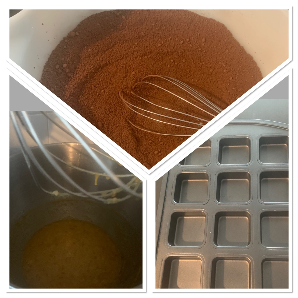 The dry ingredients, wet ingredients, and brownie pan for the Paleo brownie recipe