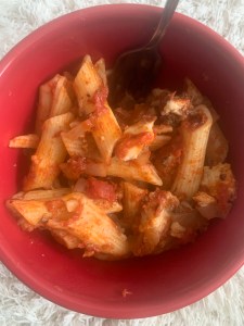 Dairy Free Baked Ziti in a red bowl