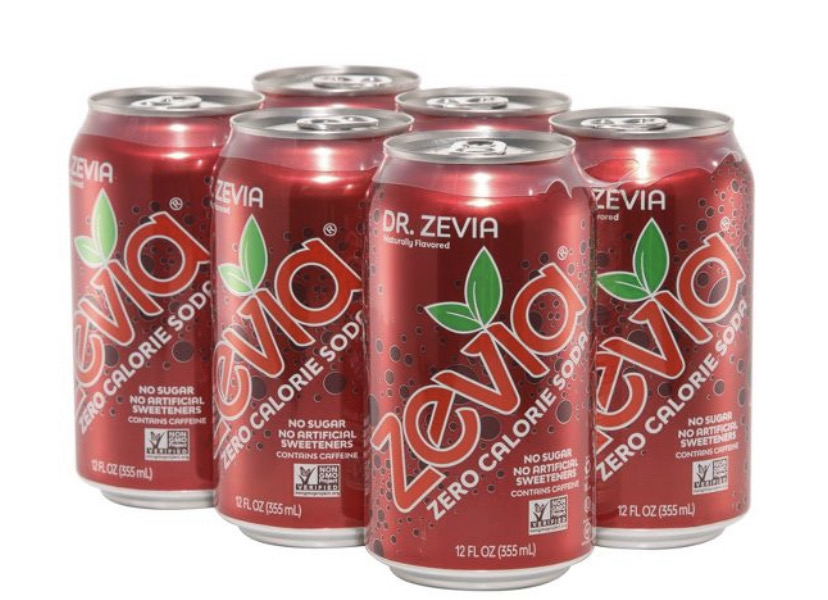 6 red cans of Dr. Zevia flavored Zevia Zero calorie soda