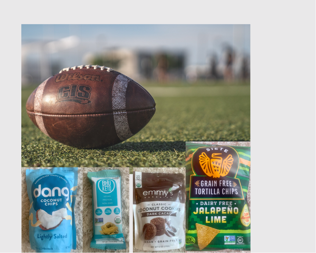 Football on a field with easy healthy snacks below it