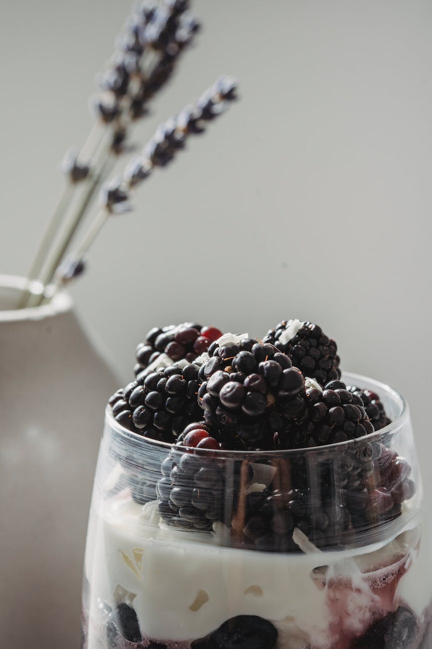 glass of dairy free yogurt and berries next to a plant