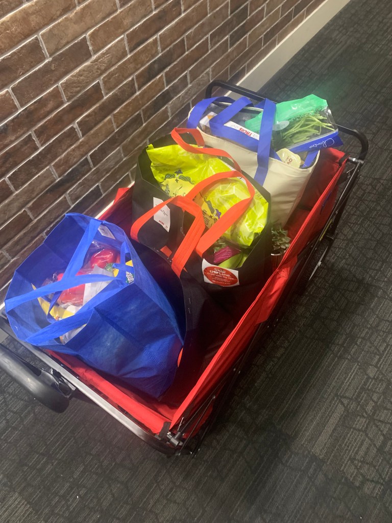 Red cart filled with Trader Joe's Groceries against a brick wall